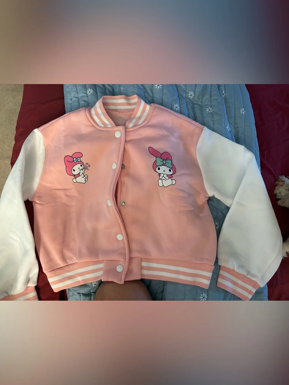 NWOT-9-10yY Kids Varsity Pink & White Cartoon Bomber Jacket